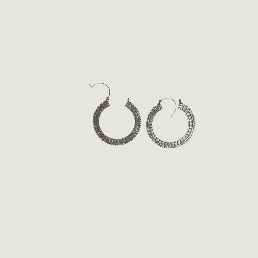 Boho Silver Tone Textured Studded Hoop Earrings Tribal Gypsy Festival Style - Picture 3 of 4